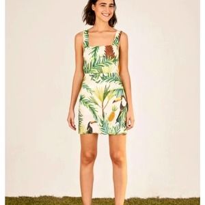 Farm Rio Toucan Paradise Back Belt Mini Dress 100% Linen Women's Size Large